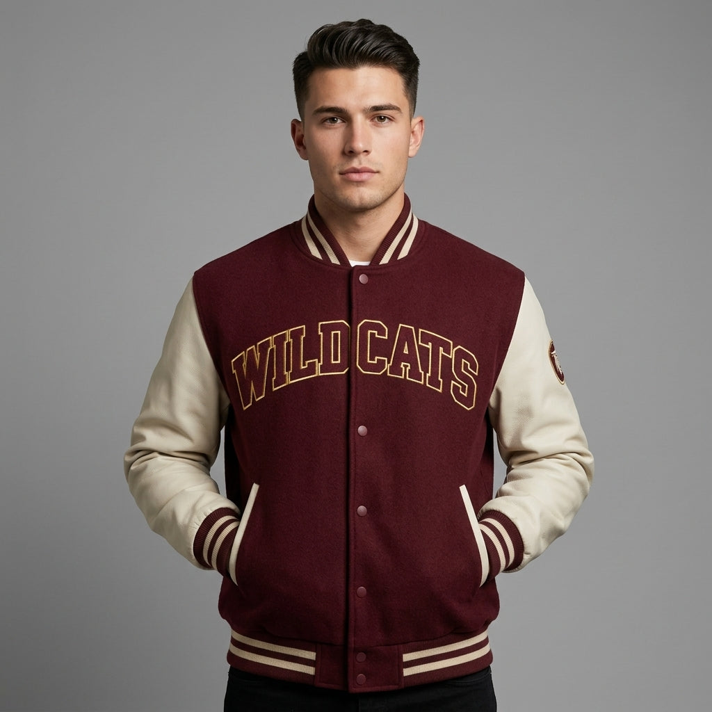Men’s Maroon & White Letterman Jacket – Classic Varsity Bomber
