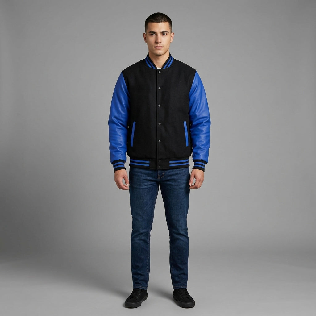 Men’s Blue & Black Varsity Jacket – Classic Letterman Bomber