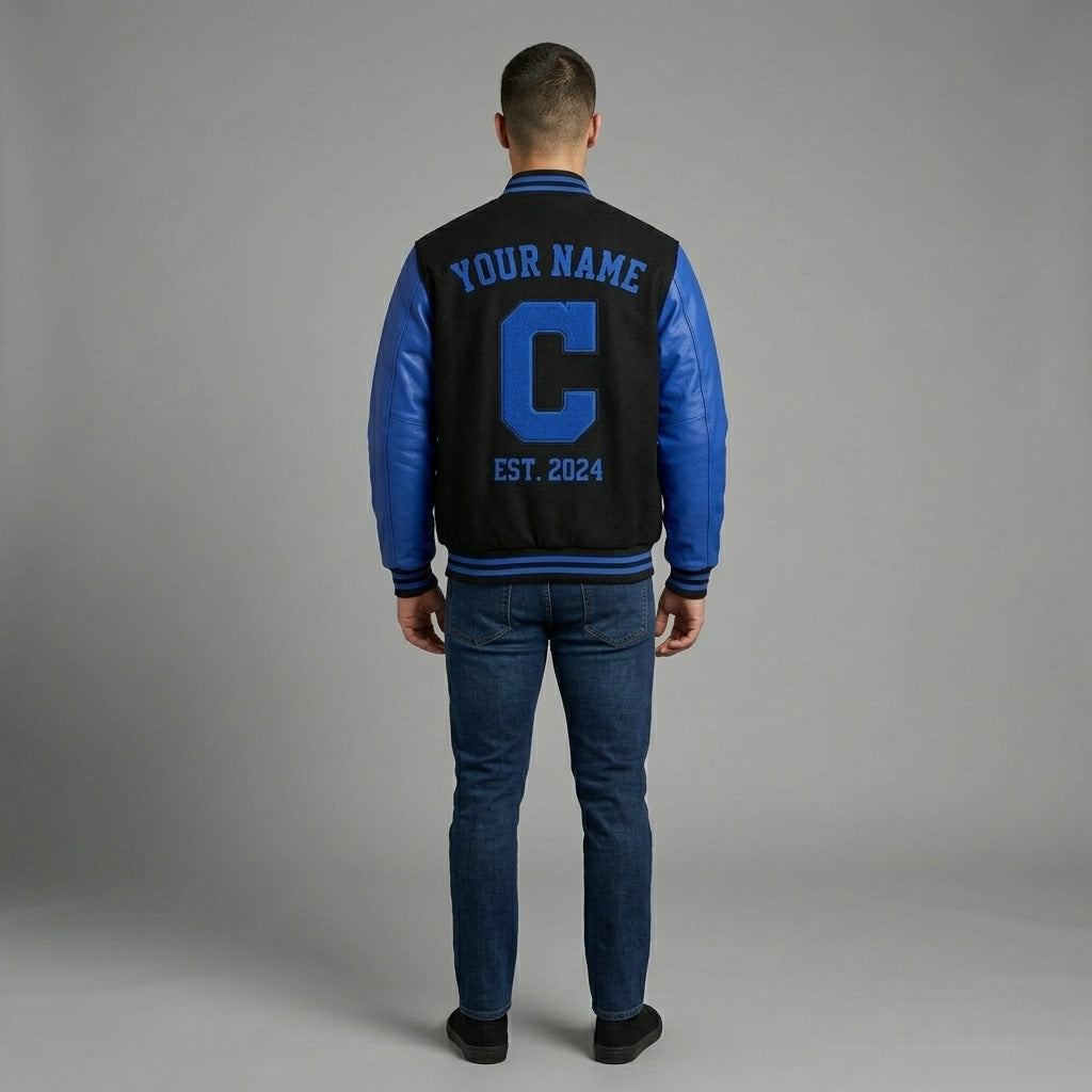 Men’s Blue & Black Varsity Jacket – Classic Letterman Bomber