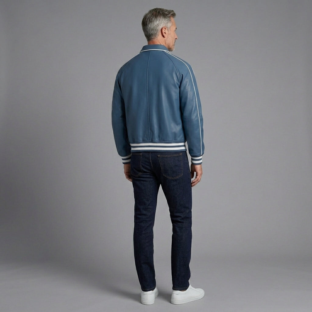 Handmade Blue Sheepskin Leather Varsity Jacket – 90s Retro Letterman