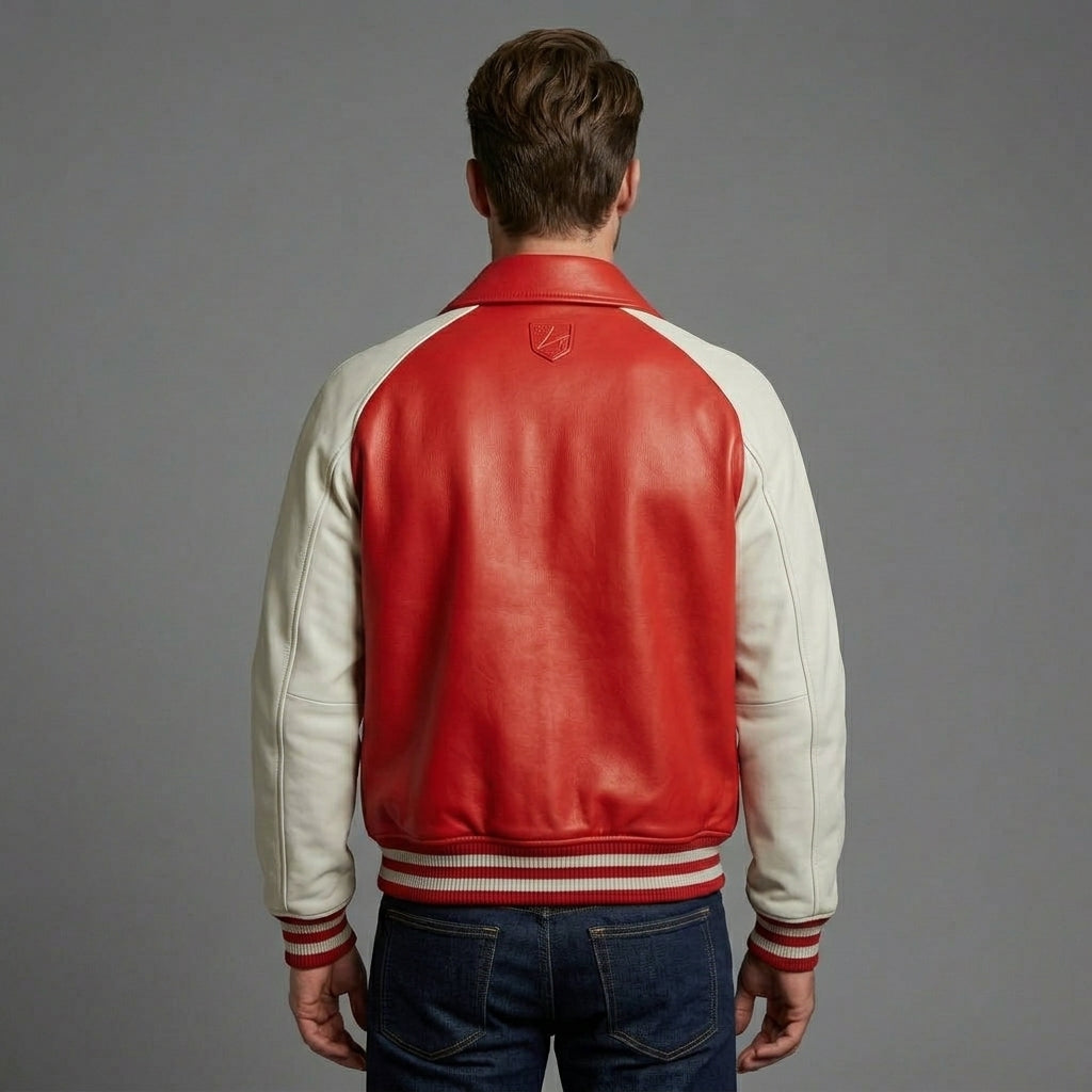 Luxury Red & Cream Lambskin Leather Varsity Jacket – College Letterman