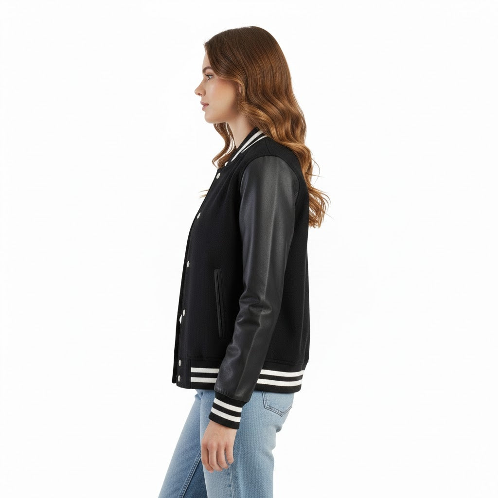 All-Black Leather Women’s Varsity Jacket