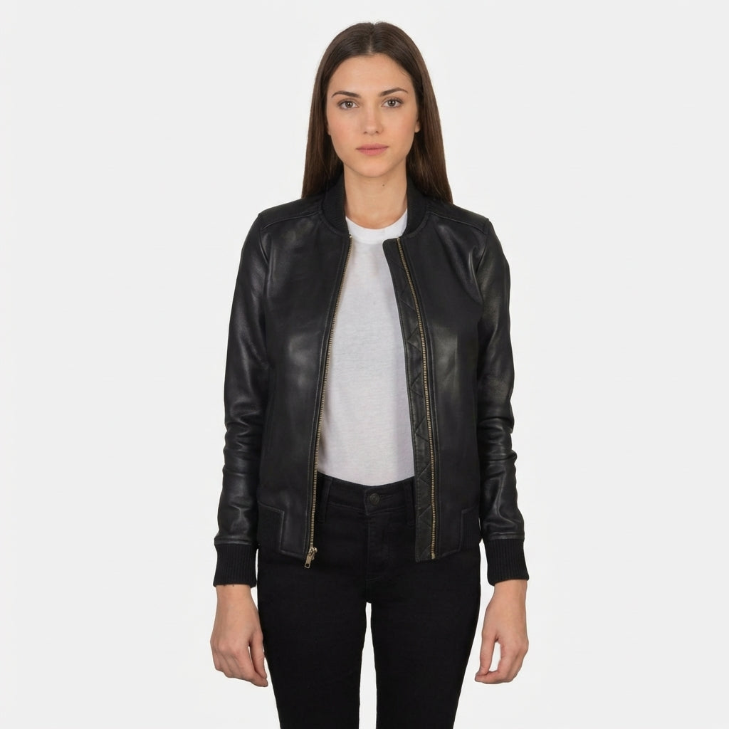 All-Black Women’s Premium Leather Varsity Jacket