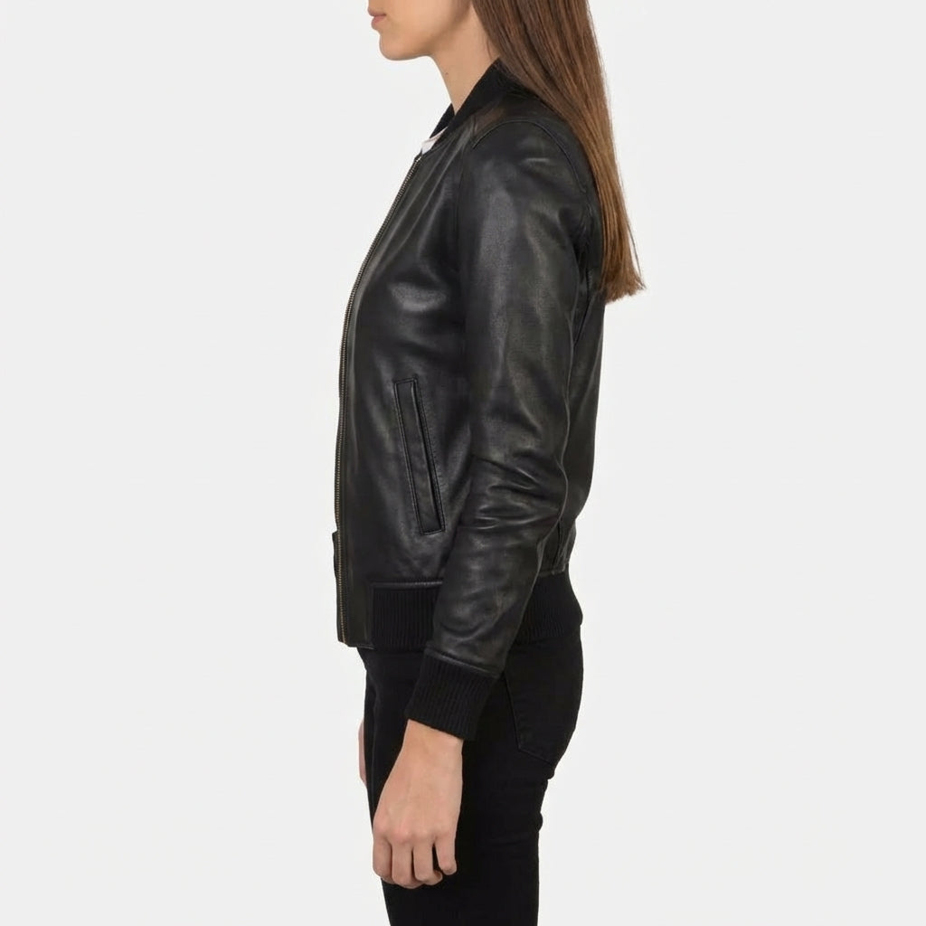 All-Black Women’s Premium Leather Varsity Jacket