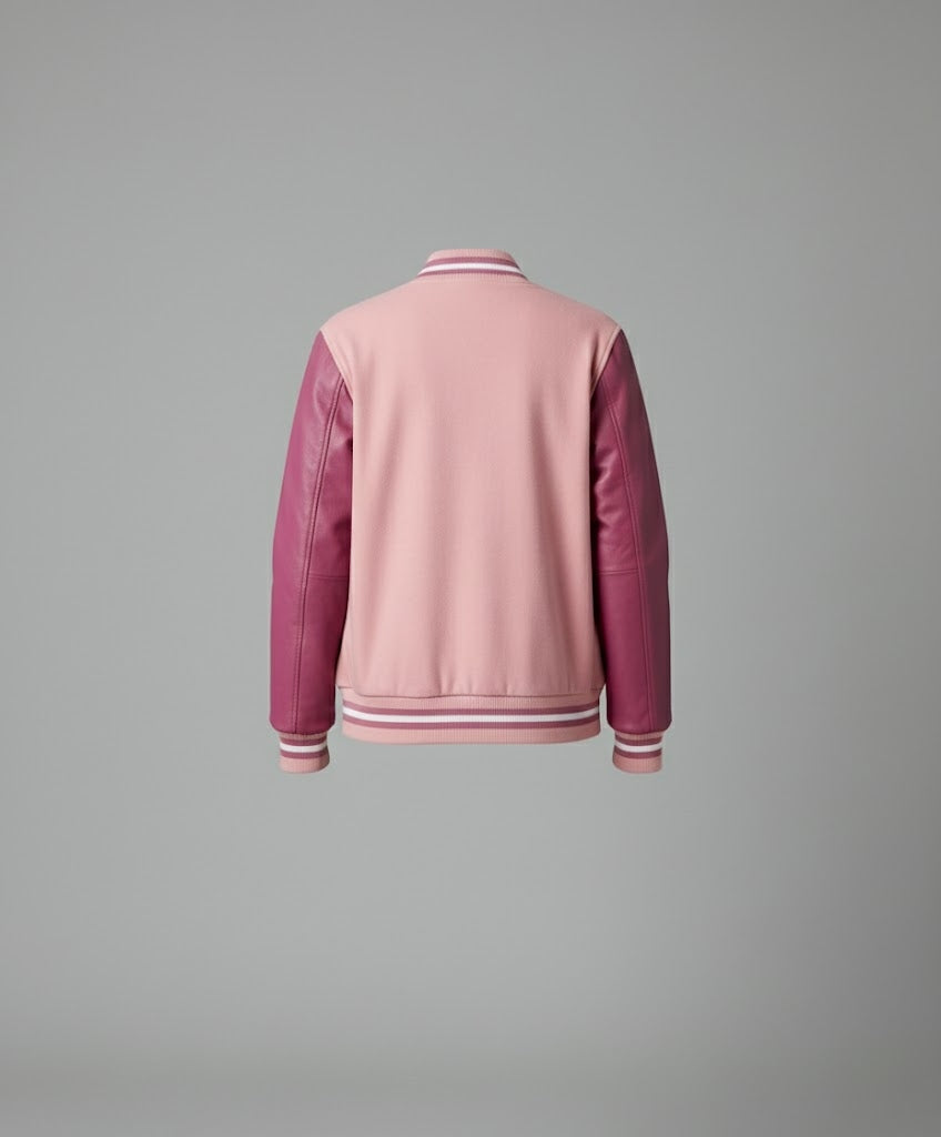 Baby Pink & Pink Leather Sleeve Women's Varsity Jacket