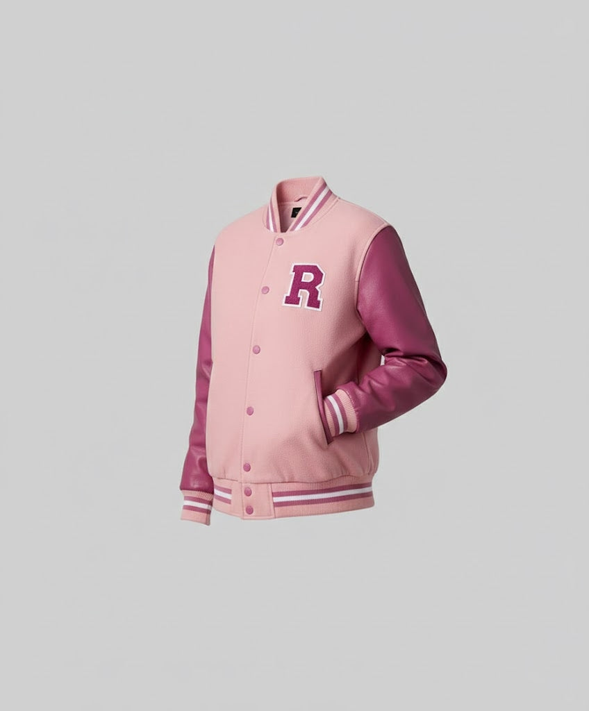 Baby Pink & Pink Leather Sleeve Women's Varsity Jacket