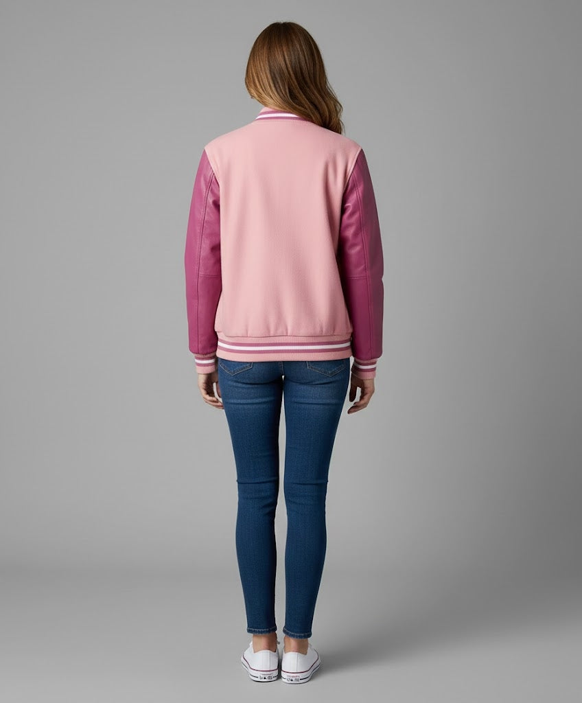 Baby Pink & Pink Leather Sleeve Women's Varsity Jacket