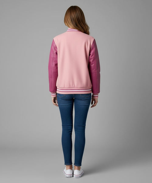 Baby Pink & Pink Leather Sleeve Women's Varsity Jacket