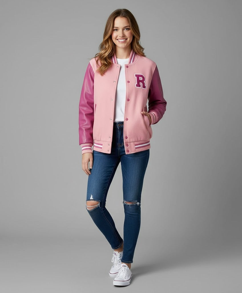 Baby Pink & Pink Leather Sleeve Women's Varsity Jacket