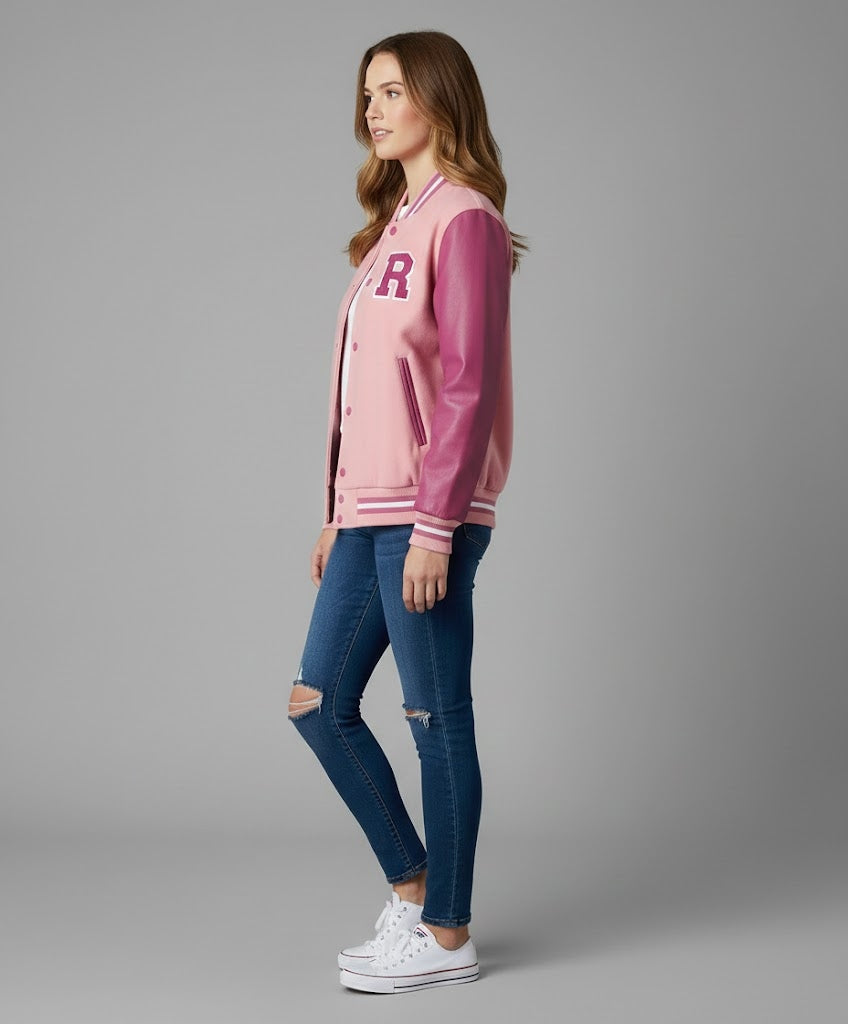 Baby Pink & Pink Leather Sleeve Women's Varsity Jacket