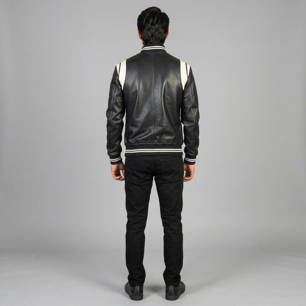 Men’s Black Leather Letterman Jacket – Classic Varsity Bomber