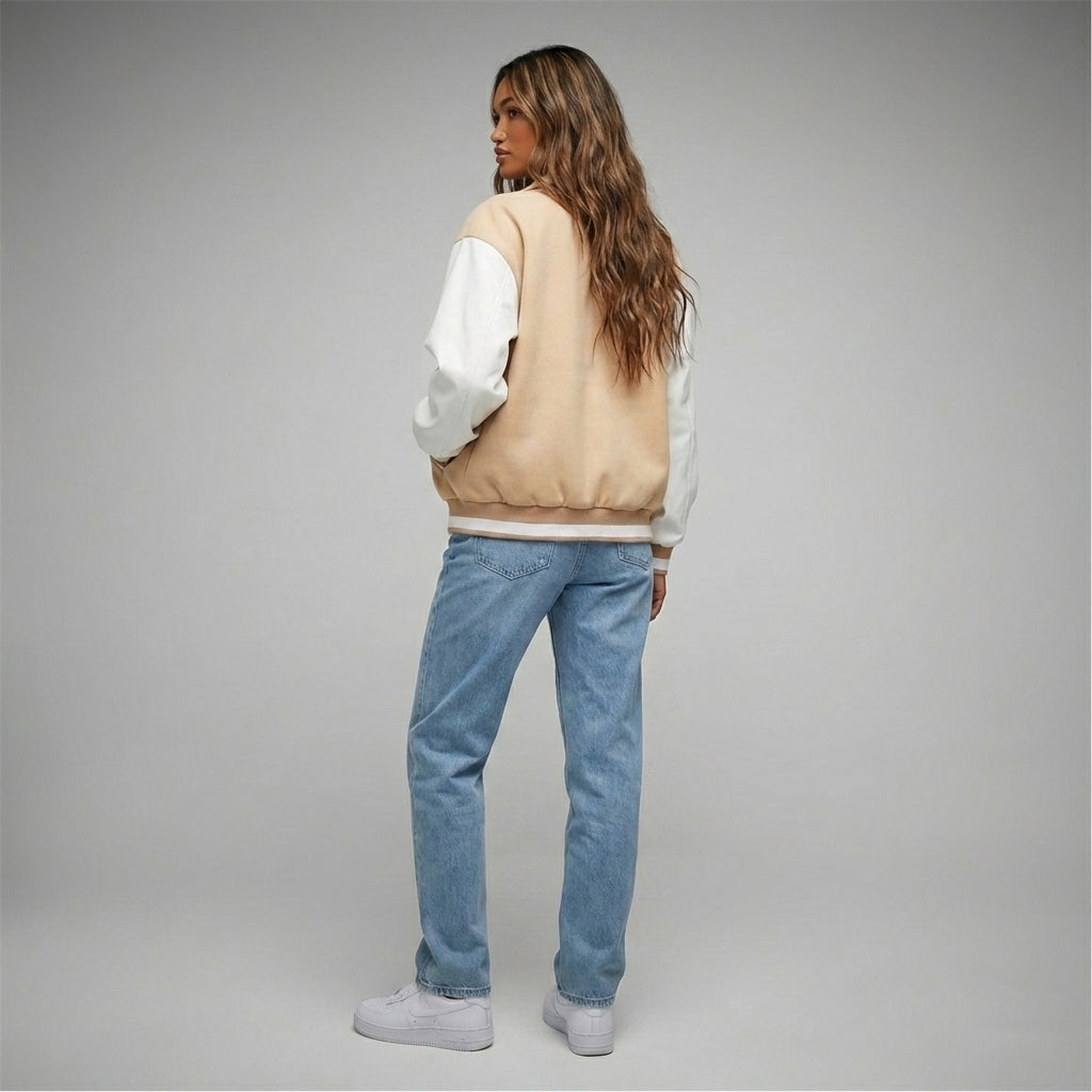 Beige Bloom Classic Cream Varsity Jacket for Women