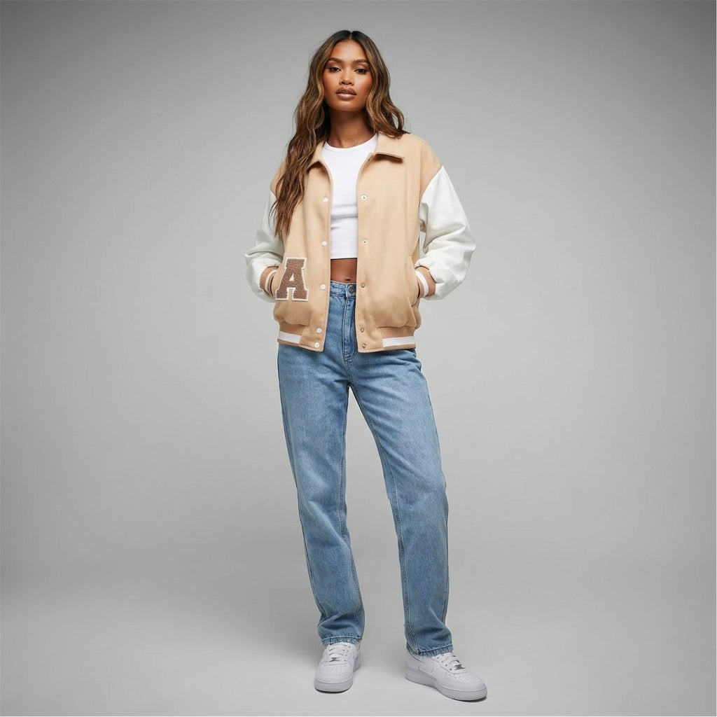 Beige Bloom Classic Cream Varsity Jacket for Women
