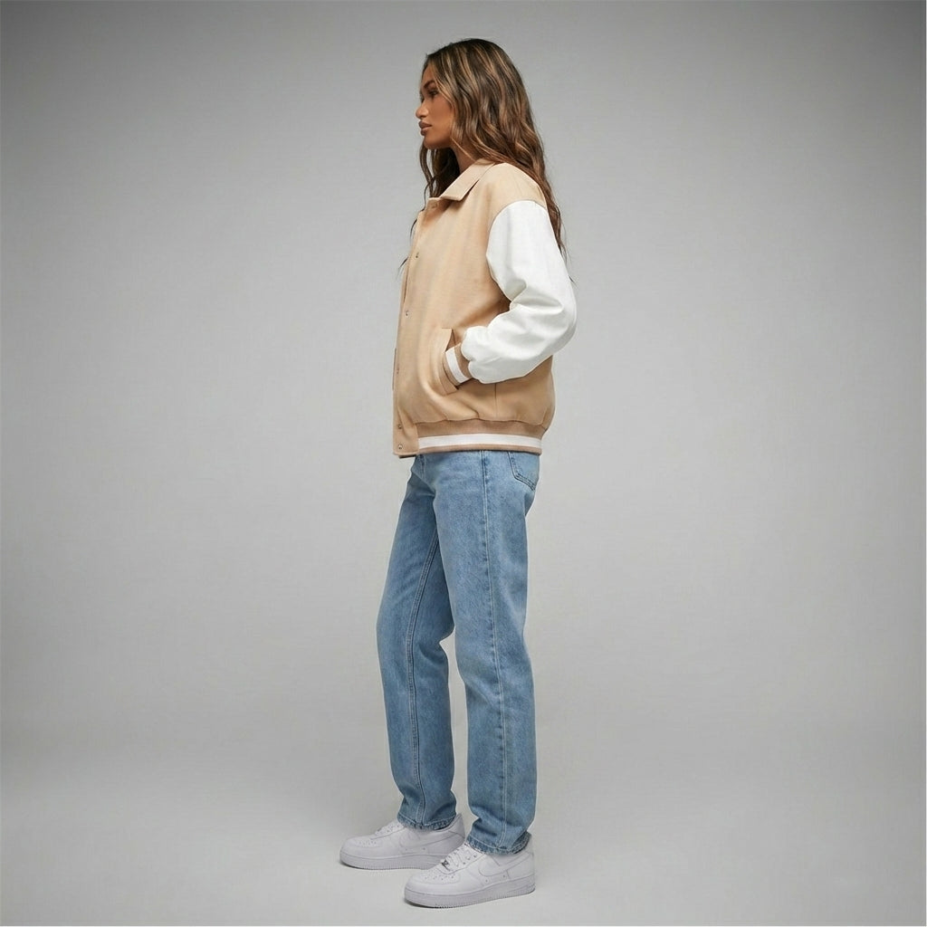 Beige Bloom Classic Cream Varsity Jacket for Women