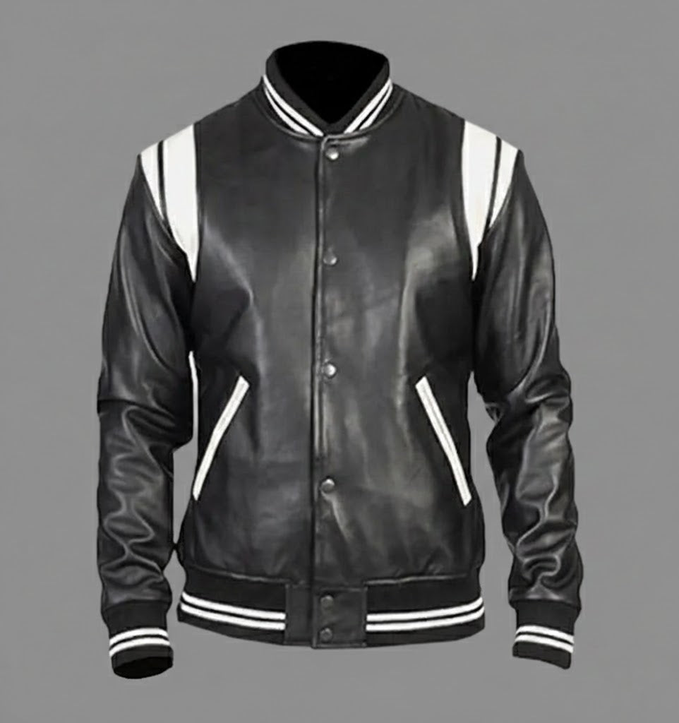 Black Classic Leather Varsity jacket Men