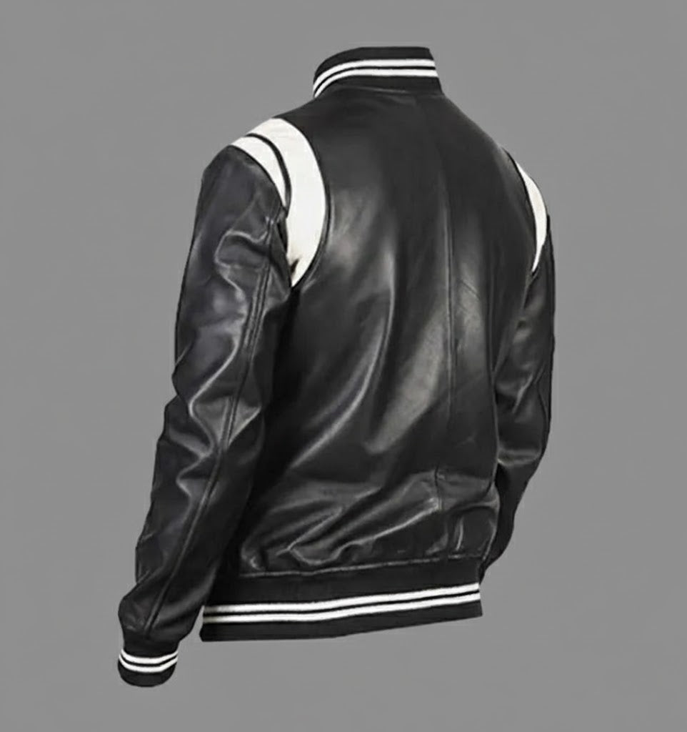 Black Classic Leather Varsity jacket Men