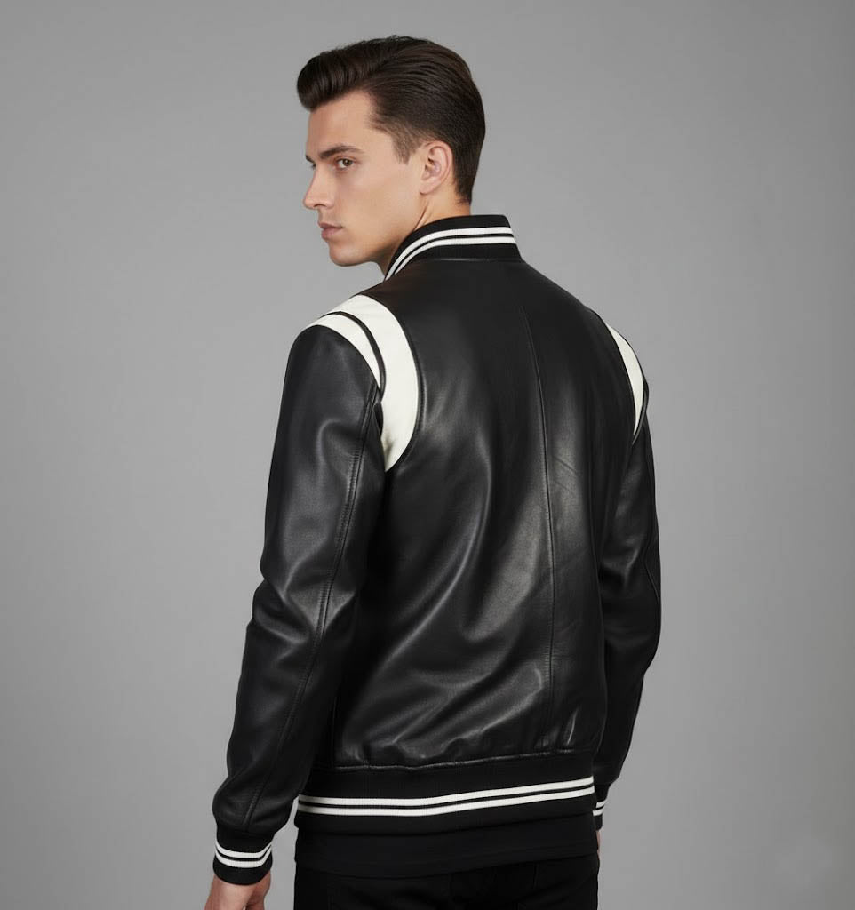 Black Classic Leather Varsity jacket Men