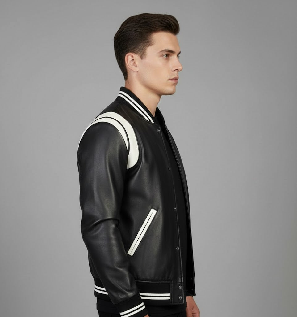 Black Classic Leather Varsity jacket Men