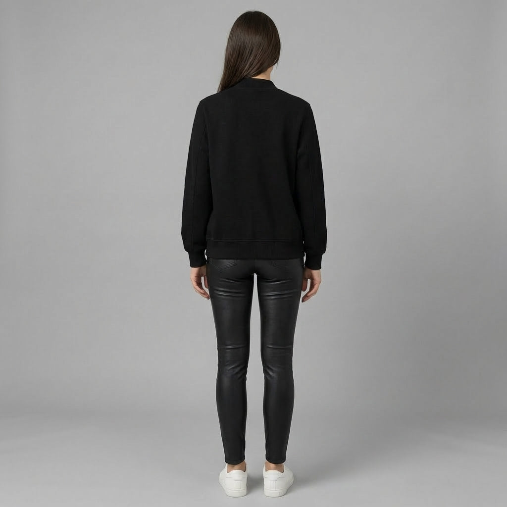 Black Luxe Leather Varsity Jacket for Women