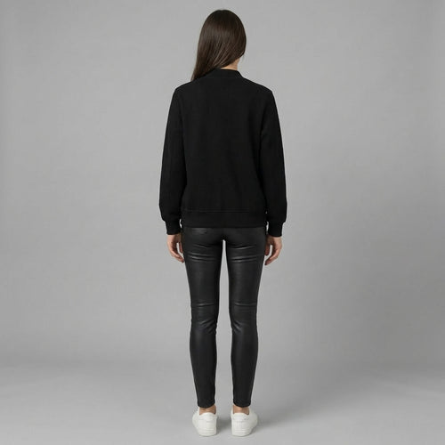 Black Luxe Leather Varsity Jacket for Women