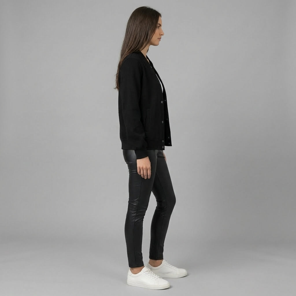 Black Luxe Leather Varsity Jacket for Women