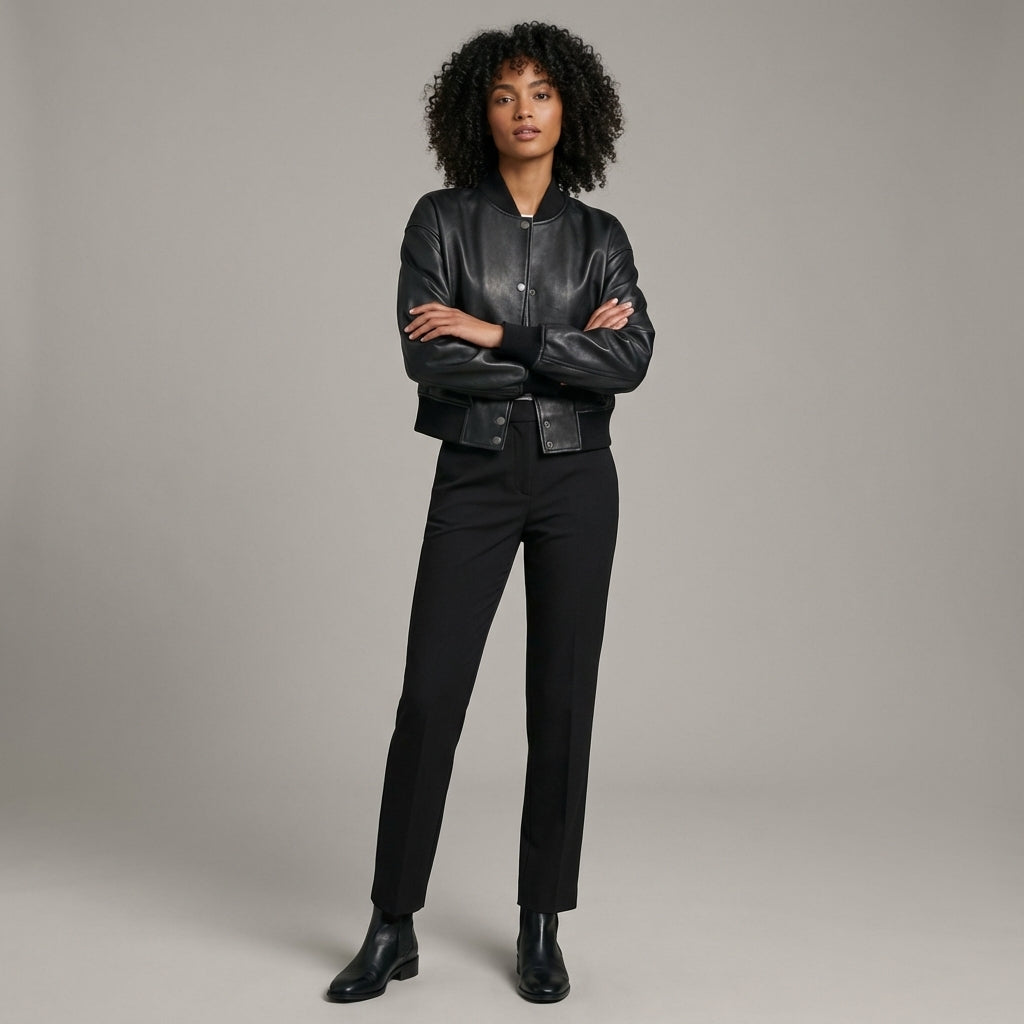 Black Luxe Leather Women’s Varsity Jacket