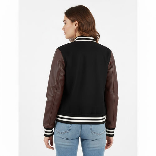 Black body & Brown sleeves leather women Varsity Jacket