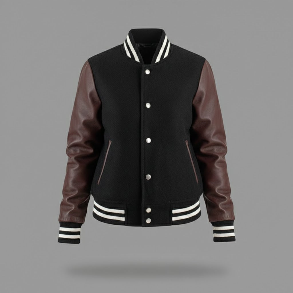 Black body & Brown sleeves leather women Varsity Jacket
