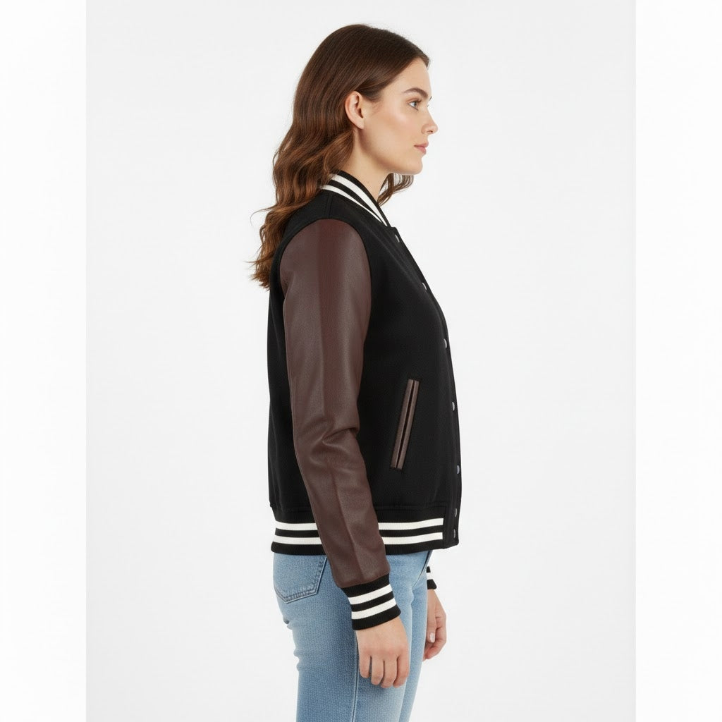Black body & Brown sleeves leather women Varsity Jacket