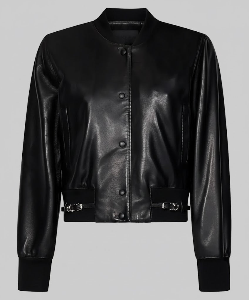 Black leather womens  varsity jacket