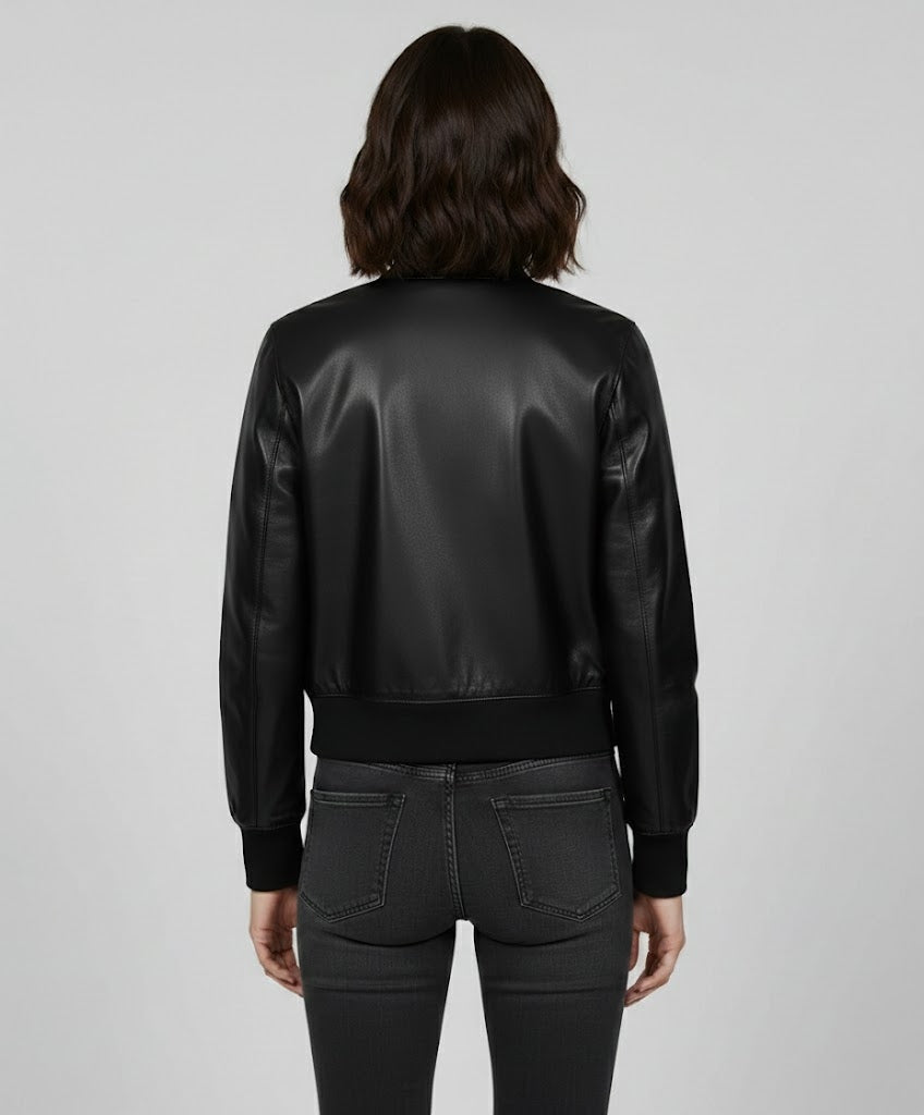 Black leather womens  varsity jacket