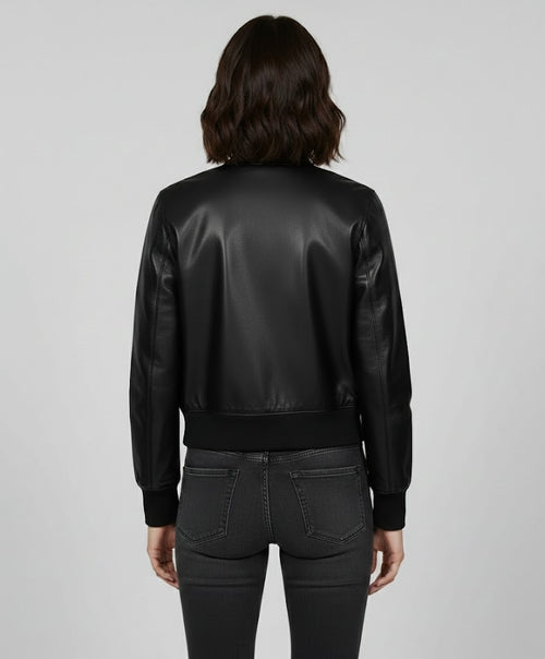 Black leather womens  varsity jacket