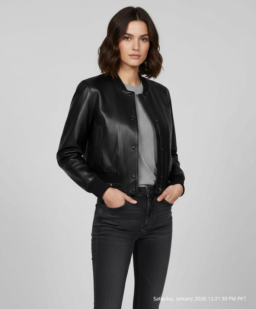 Black leather womens  varsity jacket