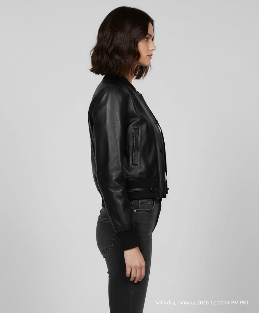 Black leather womens  varsity jacket