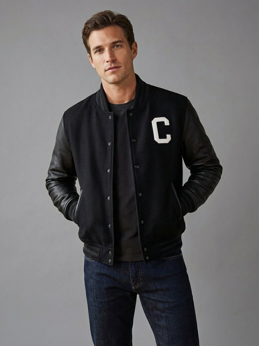 Black on Black Varsity Jacket – Custom Initial & Logo Letterman