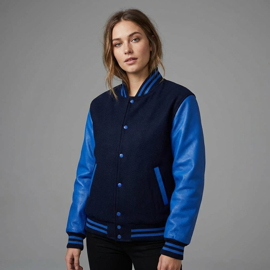 Blue & Black Women’s Leather Varsity Jacket