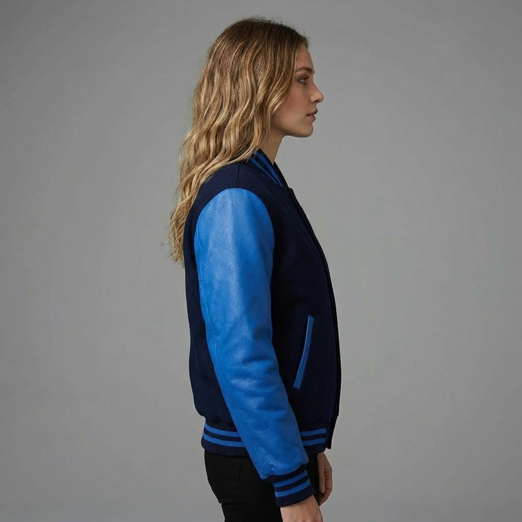 Blue & Black Women’s Leather Varsity Jacket