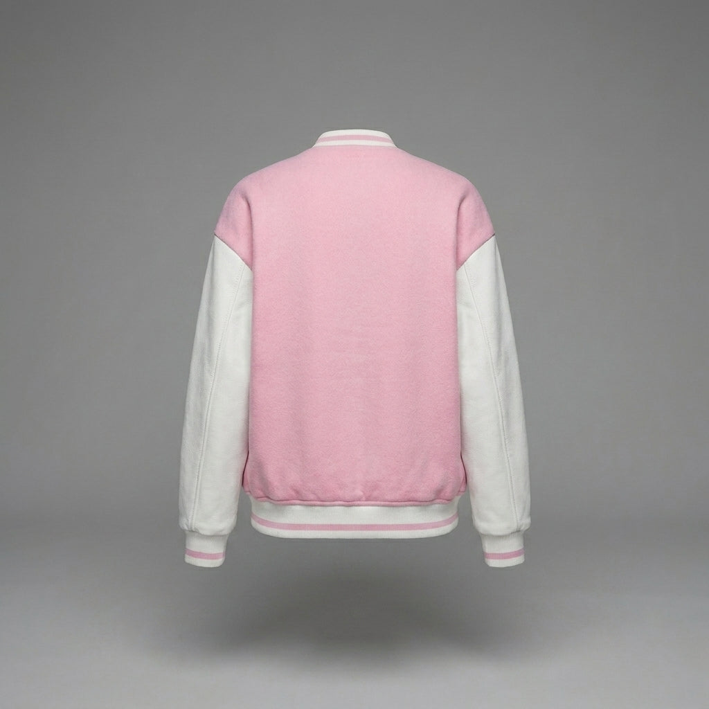 Blush Pink & White Winter Women Varsity Jacket
