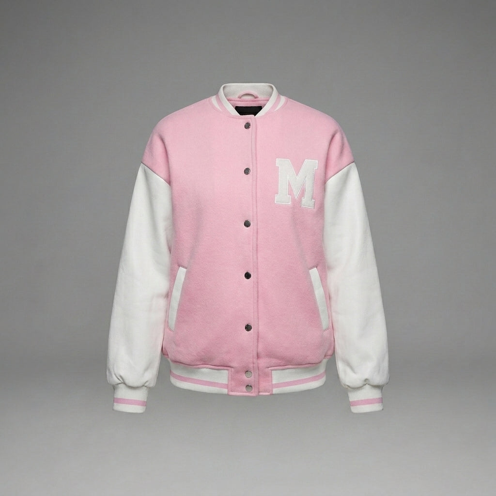 Blush Pink & White Winter Women Varsity Jacket