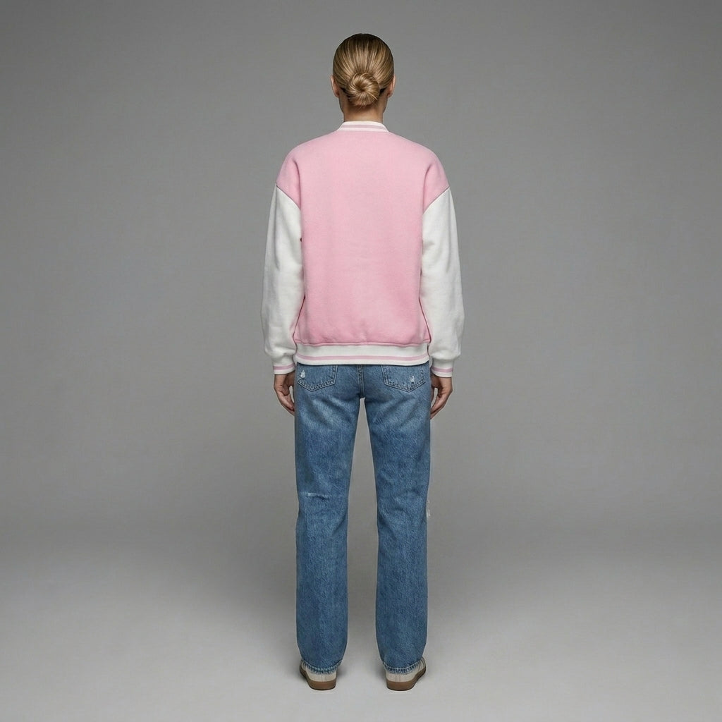 Blush Pink & White Winter Women Varsity Jacket