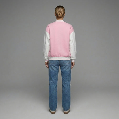 Blush Pink & White Winter Women Varsity Jacket