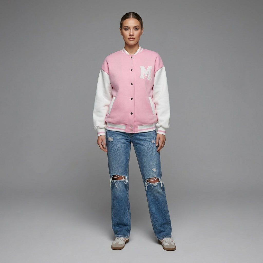 Blush Pink & White Winter Women Varsity Jacket