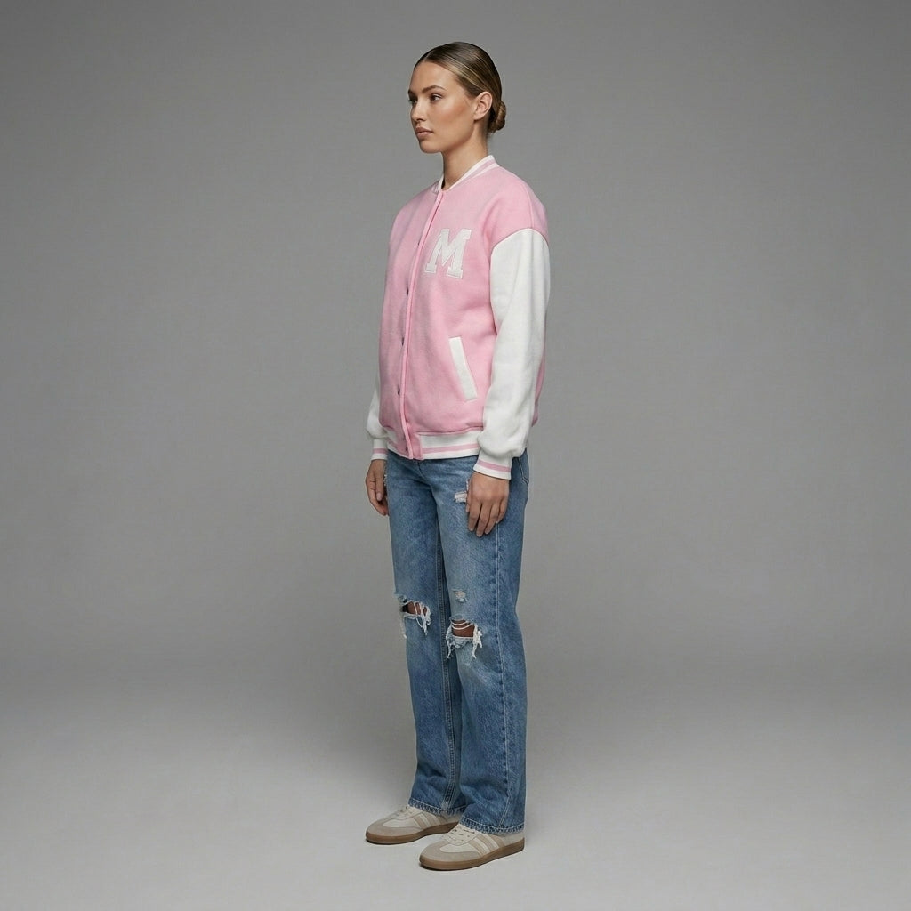 Blush Pink & White Winter Women Varsity Jacket