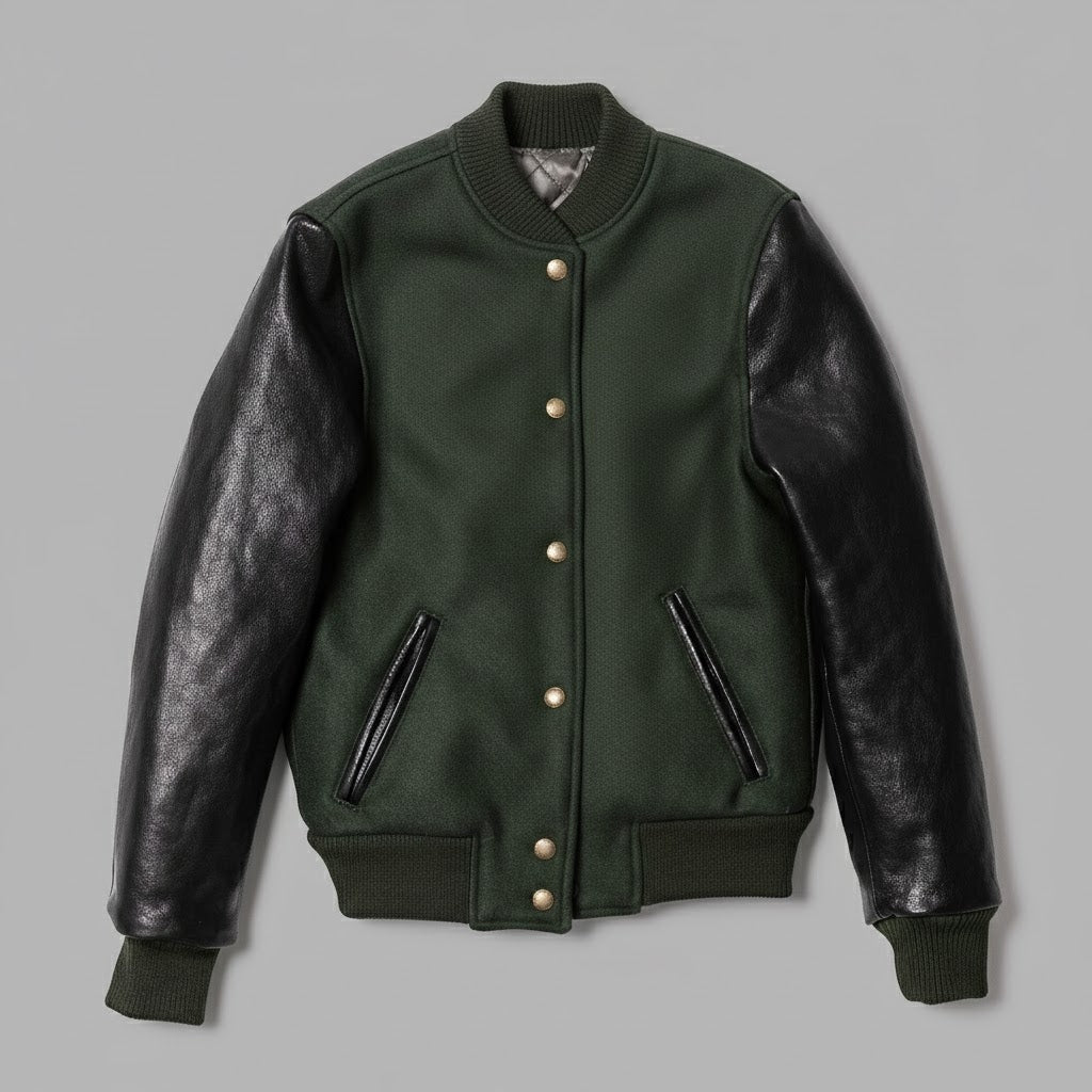 Bottle Green & Black Leather Women’s Varsity Jacket
