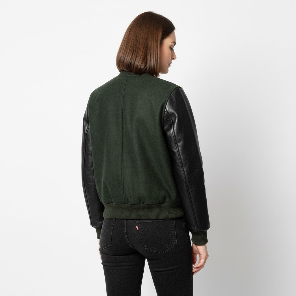 Bottle Green & Black Leather Women’s Varsity Jacket