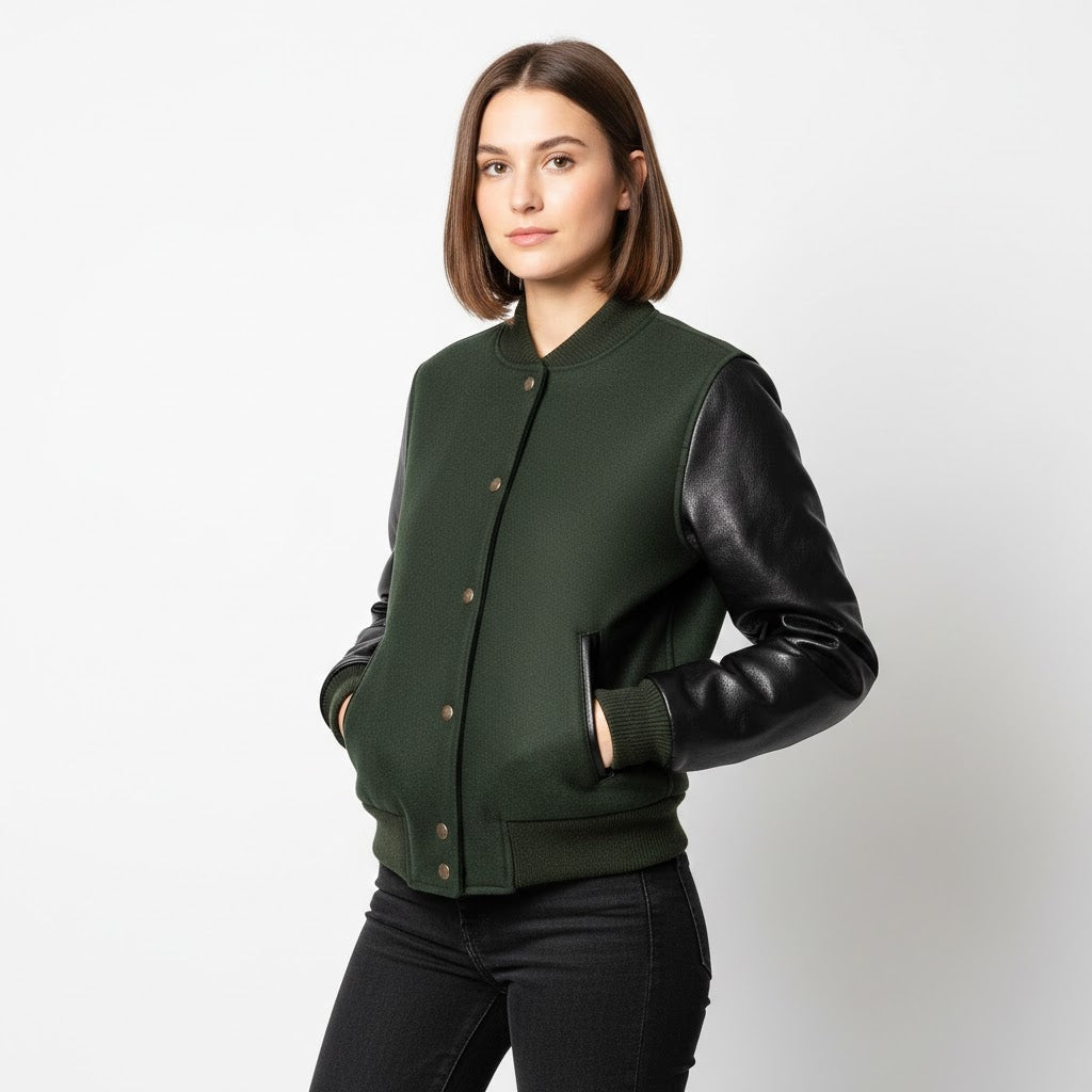 Bottle Green & Black Leather Women’s Varsity Jacket