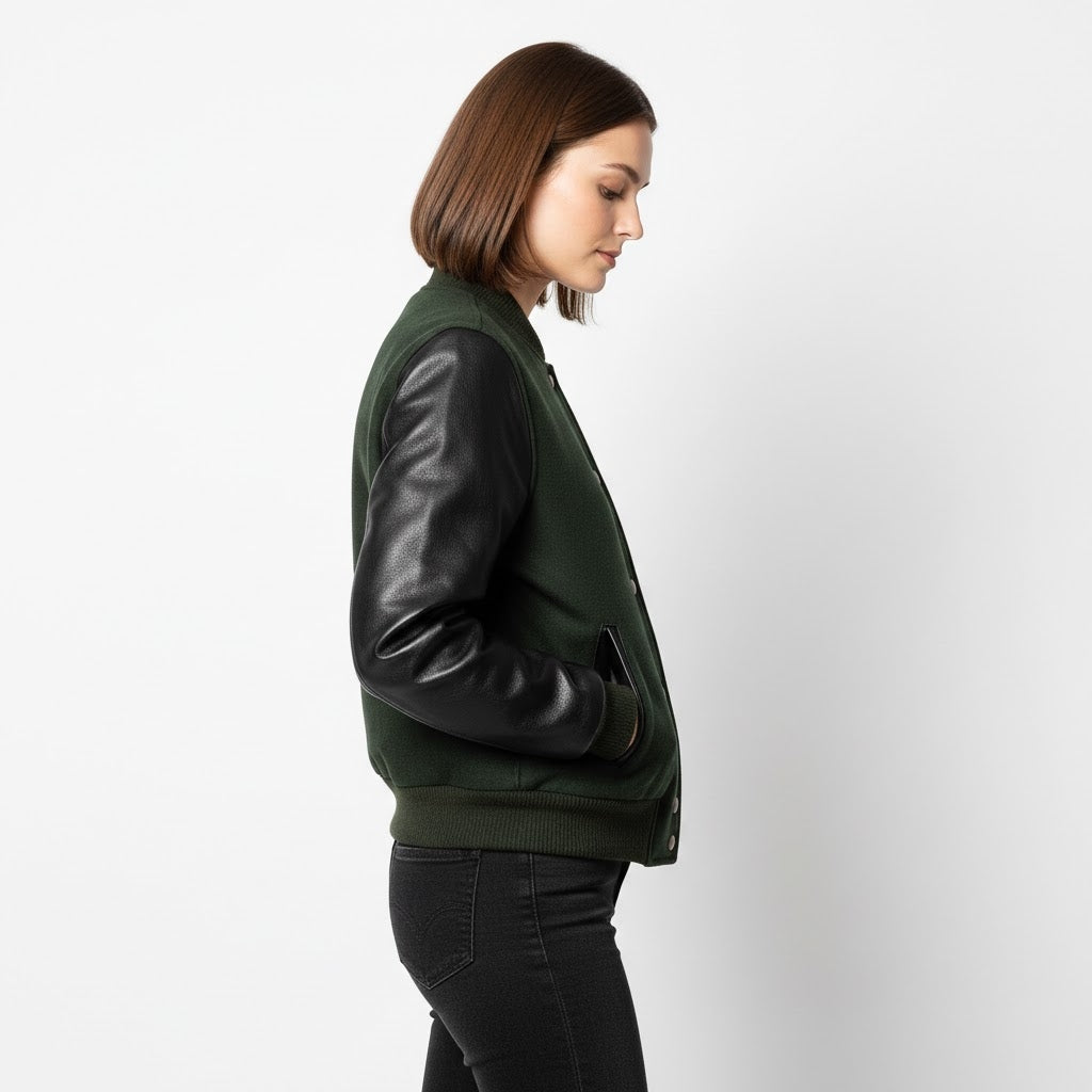 Bottle Green & Black Leather Women’s Varsity Jacket