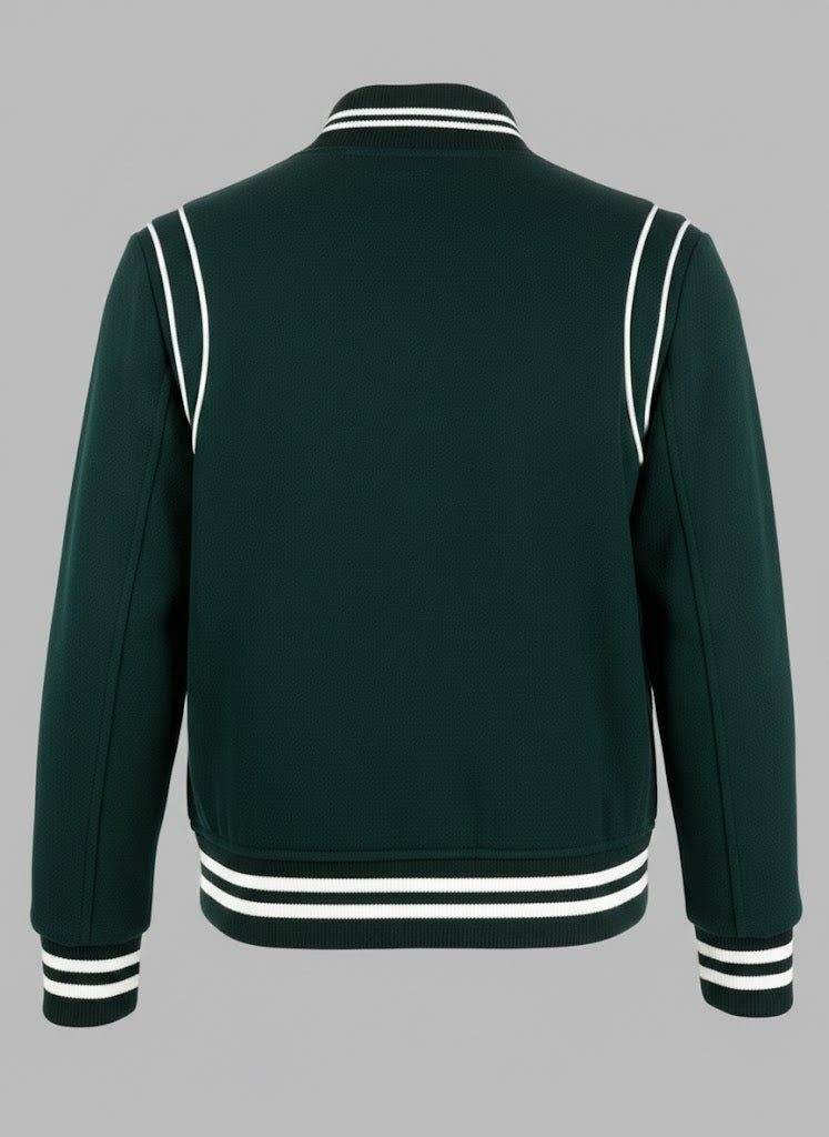 Bottle Green Leather Varsity Jacket Men