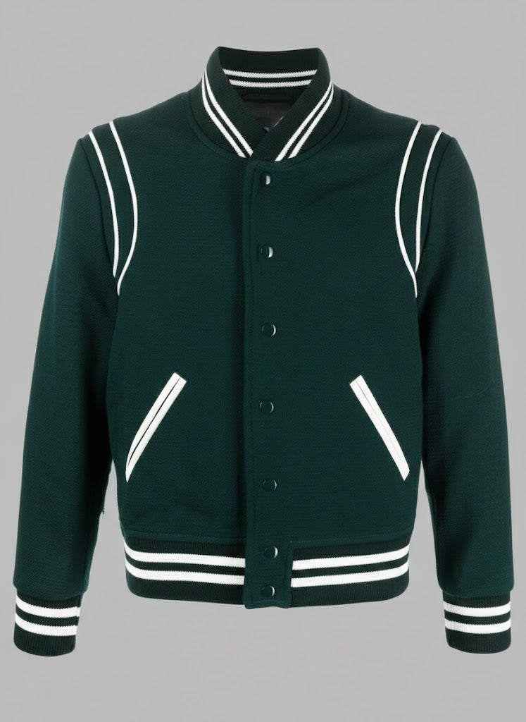 Bottle Green Leather Varsity Jacket Men