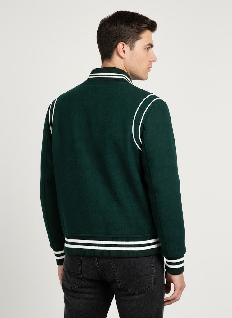 Bottle Green Leather Varsity Jacket Men